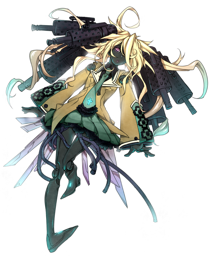 ozonenozo, original, android, blonde hair, long hair, mecha musume, necktie, school uniform, skirt, solo, weapon