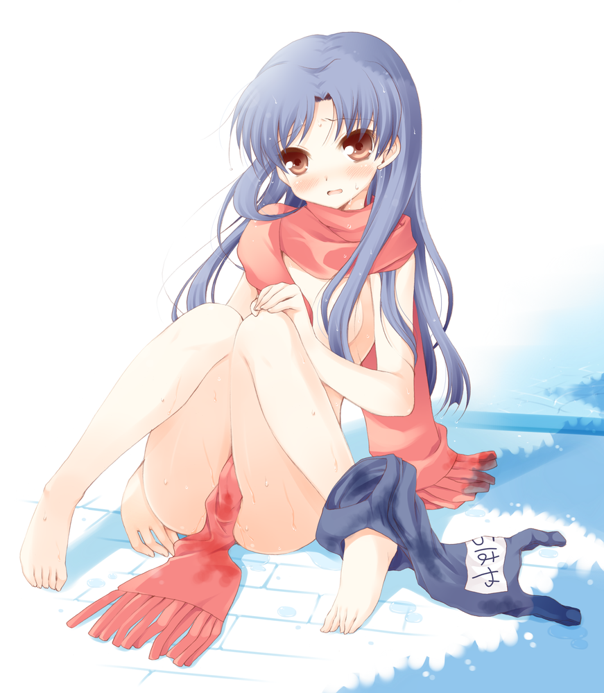 komi zumiko, kisaragi chihaya, idolmaster, idolmaster (classic), bad id, bad pixiv id, 00s, 1girl, barefoot, blue hair, blush, brown eyes, feet, female focus, legs, long hair, naked scarf, nude, one-piece swimsuit, scarf, school swimsuit, sitting, solo, swimsuit, tears, wet