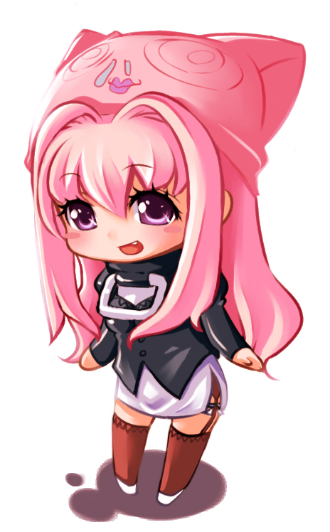 hanasaki, re angel, bad id, bad pixiv id, 1girl, blush, chibi, fang, female focus, hat, long hair, looking at viewer, pink hair, purple eyes, shoes, skirt, solo, thighhighs