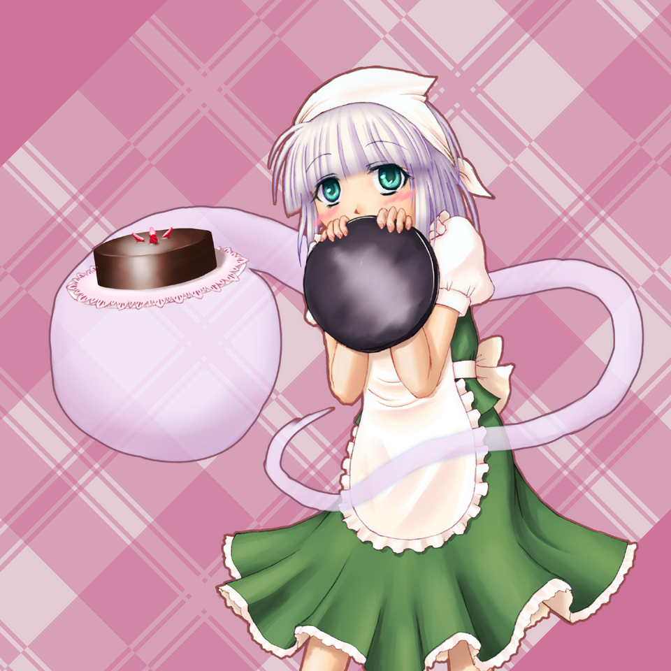 warabi mochi, konpaku youmu, konpaku youmu (ghost), touhou, silver hair, 1girl, apron, aqua eyes, blush, cake, female focus, food, ghost, headscarf, pastry, short hair, skirt, solo, tray, white headscarf