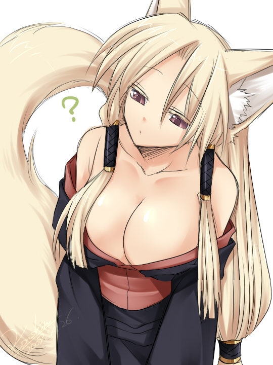 konshin, inari, itsuka (konshin), original, bad id, bad pixiv id, 1girl, ?, animal ears, blonde hair, breasts, brown eyes, cleavage, female focus, fox ears, fox tail, japanese clothes, kimono, large breasts, long hair, off shoulder, purple eyes, solo, tail