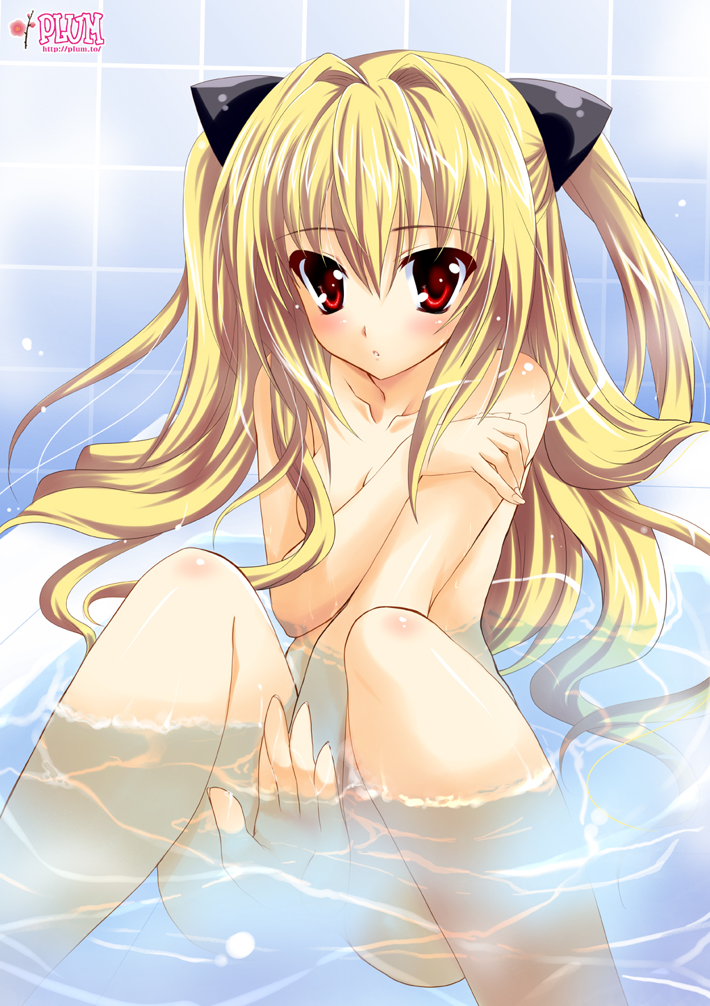 kanna (plum), konjiki no yami, to love-ru, breast hold, highres, md5 mismatch, resolution mismatch, source smaller, 00s, 1girl, bath, blonde hair, blush, breasts, covering breasts, covering privates, female focus, long hair, nude, nude cover, red eyes, solo, very long hair, water