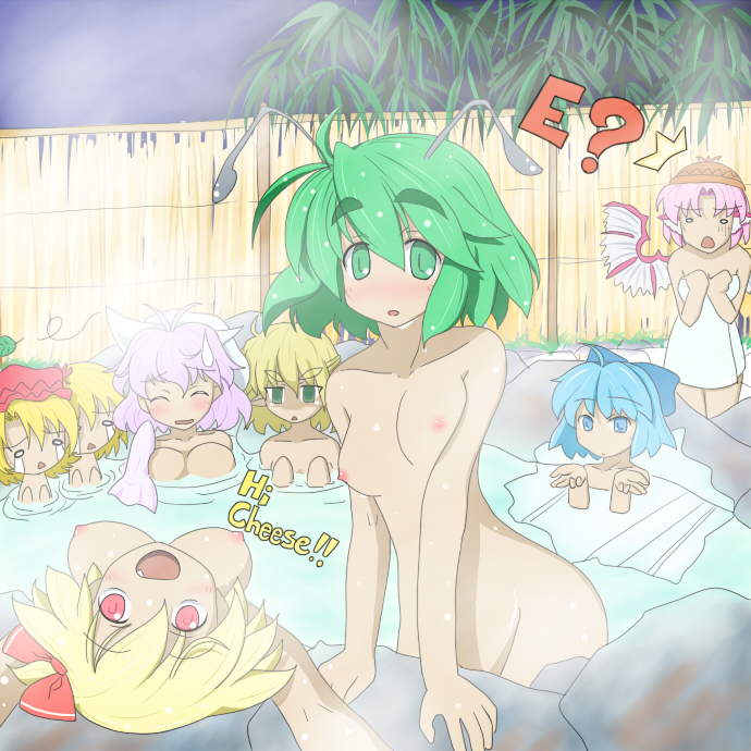 nagi (pixiv119941), aki minoriko, aki shizuha, cirno, letty whiterock, mizuhashi parsee, mystia lorelei, rumia, wriggle nightbug, touhou, 6+girls, ?, ^^^, aged up, antennae, bamboo, bamboo forest, bathing, blonde hair, blue eyes, blue hair, blush, bow, breast envy, breasts, breasts apart, english text, engrish text, fang, forest, green eyes, green hair, hair bow, ice, leaf, medium breasts, multiple girls, nature, nipples, nude, o o, onsen, open mouth, pink hair, ranguage, red eyes, rock, romaji text, shaded face, short hair, small breasts, steam, sweatdrop, team 9 (touhou), tears, thick eyebrows, towel, wet, wings