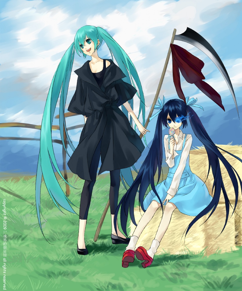 psd, black rock shooter (character), hatsune miku, united kingdom (hetalia), black rock shooter, vocaloid, 00s, 10s, 2009, 2girls, aqua eyes, aqua hair, black leggings, blue eyes, blue hair, candy, casual, cloud, coat, day, dress, food, grass, hair ribbon, hay, laughing, leggings, lollipop, long hair, multiple girls, overcoat, ribbon, scythe, sky, twintails, very long hair, weapon