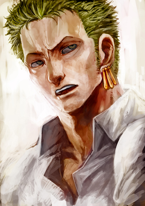 lack, roronoa zoro, one piece, 1boy, blouse, earrings, green eyes, green hair, jewelry, male focus, matching hair/eyes, open mouth, painterly, pirate, portrait, realistic, shirt, short hair, solo, upper body, white shirt