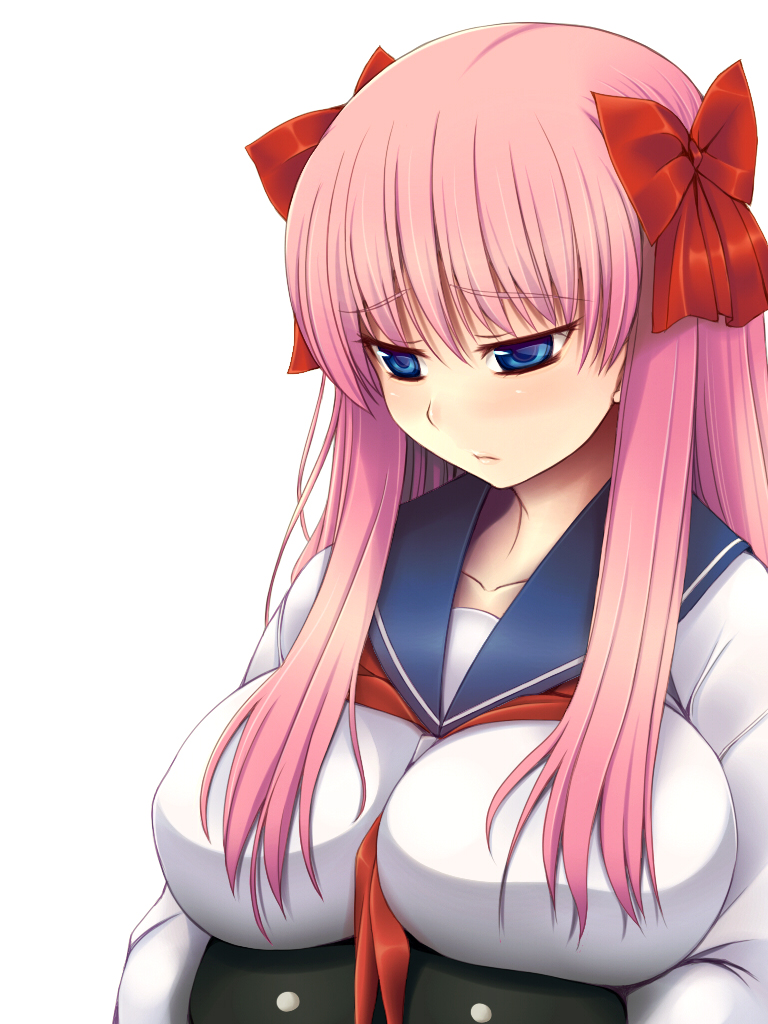 inumizu, etopen, haramura nodoka, saki (manga), 00s, blue eyes, bow, breast rest, breasts, carried breast rest, carrying, hair bow, large breasts, long hair, pink hair, school uniform, serafuku, solo