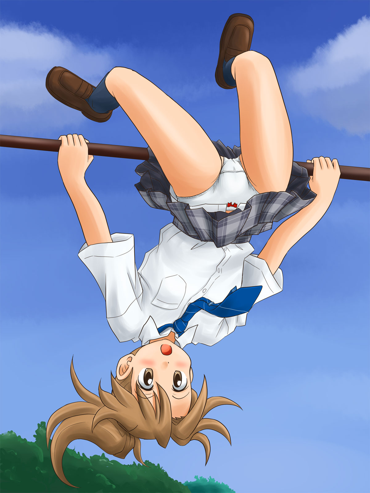 lielos, poniko (lielos), original, highres, 1girl, :o, blue necktie, bow, bow panties, brown eyes, brown hair, fat mons, female focus, horizontal bar, loli, miniskirt, necktie, outdoors, panties, pantyshot, ponytail, school uniform, skirt, solo, underwear, upside-down, upskirt, white panties