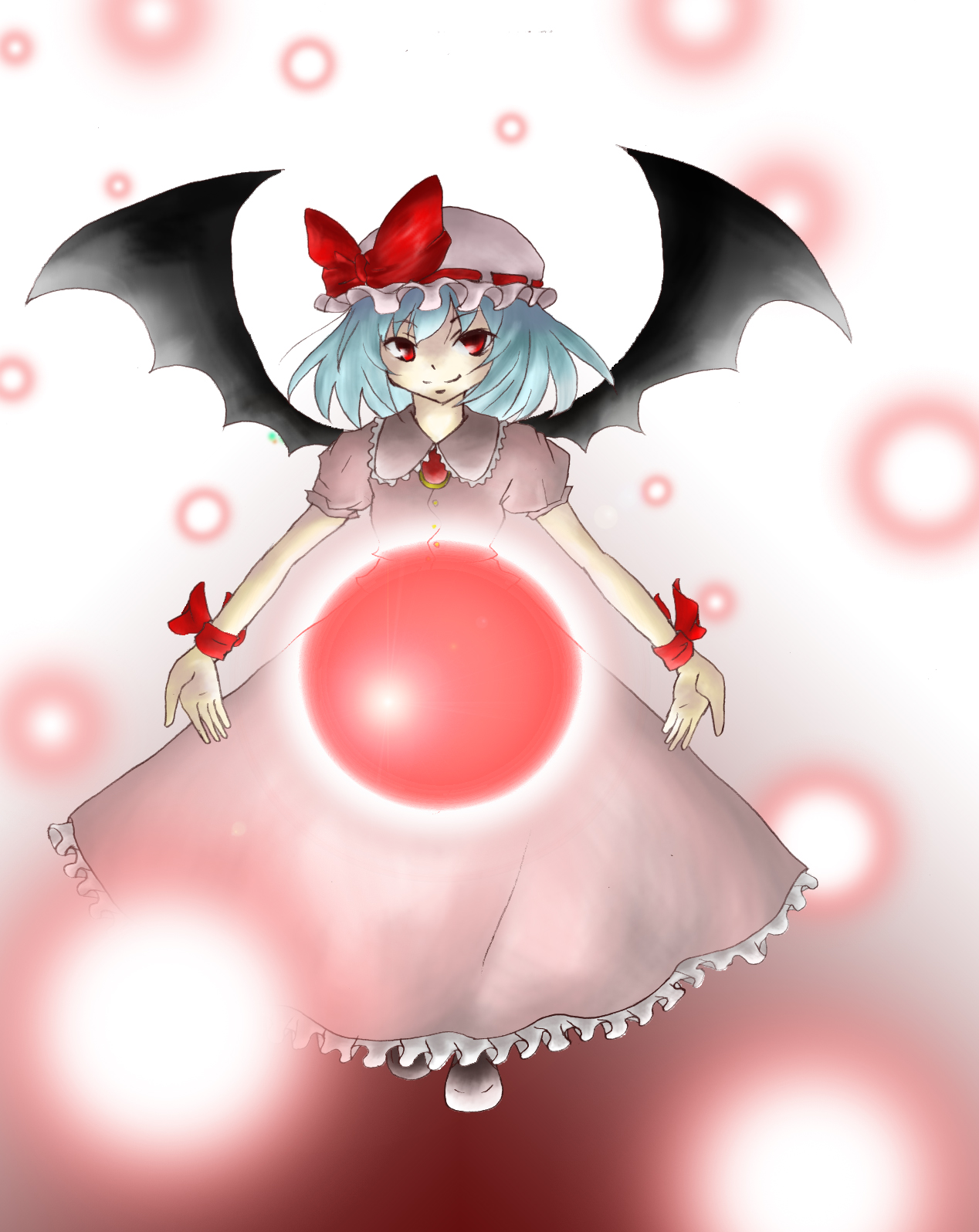 remilia scarlet, touhou, silver hair, bad id, bad pixiv id, highres, 1girl, bat wings, female focus, full body, gradient background, hat, red eyes, ribbon, short hair, solo, white background, wings