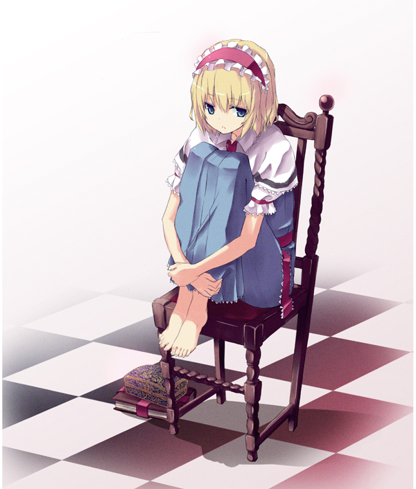nabeshima tetsuhiro, alice margatroid, touhou, 1girl, barefoot, blonde hair, blue eyes, book, box, chair, checkered floor, feet, feet on chair, female focus, full body, hairband, hugging own legs, long skirt, short hair, sitting, skirt, solo