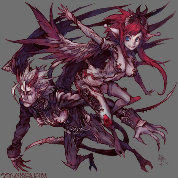 yilee, original, character request, resized, blue eyes, breasts, claws, cleavage, demon, devil, earrings, feathers, horns, jewelry, monster girl, nipple piercing, nipples, piercing, pixiv thumbnail, pointy ears, red hair, wings