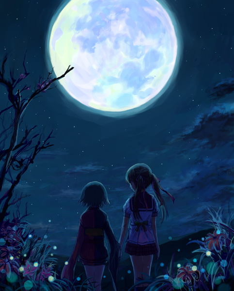 hato ya hato, hatoya hato, nozomi, hatou kei, nozomi (akai ito), nozomi (akaiito), akai ito, akaiito, 2girls, flower, holding hands, japanese clothes, moon, moonlight, multiple girls, night, school uniform, short hair, twintails