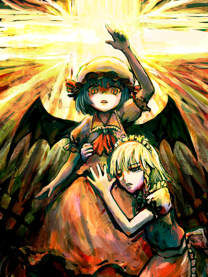 hato ya hato, hatoya hato, izayoi sakuya, remilia scarlet, touhou, silver hair, bad id, bad pixiv id, 2girls, bat wings, blue hair, braid, cross, female focus, hat, multiple girls, painterly, red eyes, short hair, wings