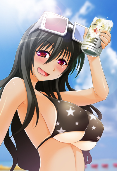 kouki kuu, arided, sumaga, 1girl, 3d glasses, alcohol, beer, beer can, bikini, bikini tan, black bikini, black hair, blush, breasts, can, day, drink can, drunk, female focus, heterochromatic eyewear, huge breasts, long hair, looking at viewer, print bikini, red eyes, solo, star (symbol), star print, star print bikini, swimsuit, tan, tanline, tinted eyewear, underboob, upper body