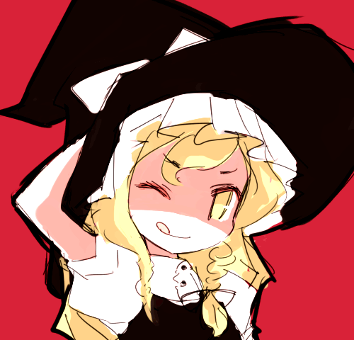 mota, kirisame marisa, touhou, lowres, 1girl, ;q, blonde hair, female focus, hat, one eye closed, simple background, sketch, smile, solo, tongue, tongue out, upper body, wink, witch, witch hat, yellow eyes