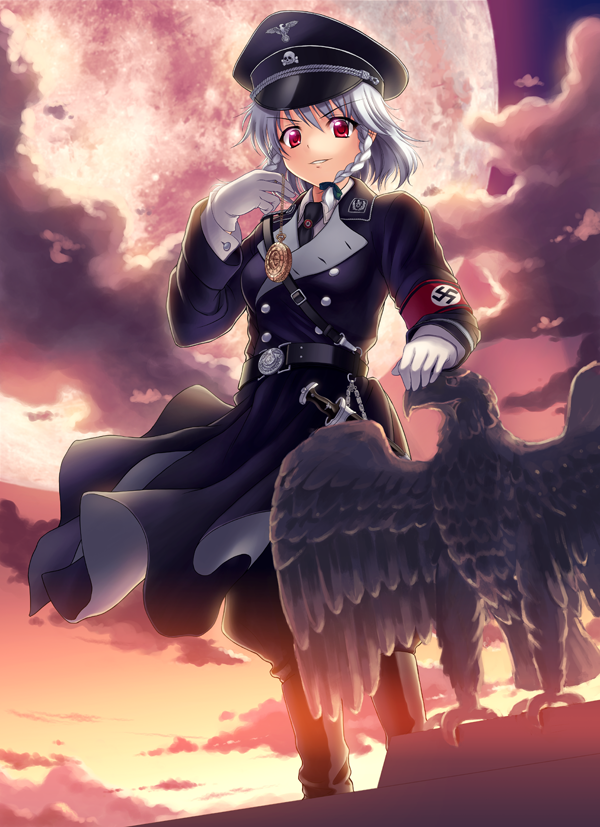 xiaojing, izayoi sakuya, touhou, silver hair, 1girl, armband, boots, braid, female focus, gloves, grin, hat, military, military uniform, moon, nazi, peaked cap, pocket watch, red eyes, short hair, smile, solo, swastika, twin braids, watch, white gloves