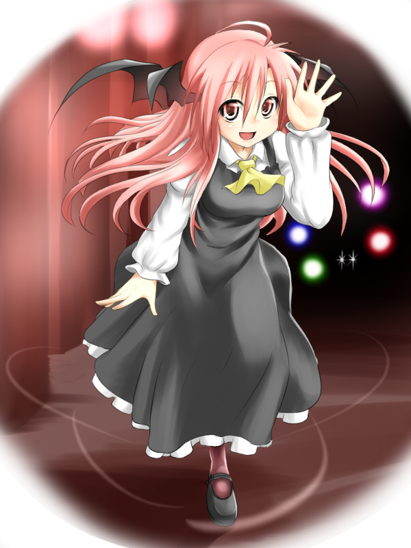 miki purasu, koakuma, embodiment of scarlet devil, touhou, 1girl, :d, bat wings, female focus, full body, head wings, open mouth, pantyhose, pink eyes, pink hair, smile, solo, waving, wings