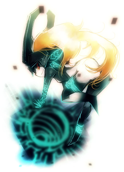 kei (keigarou), midna, nintendo, the legend of zelda, the legend of zelda: twilight princess, 1girl, female focus, helmet, hole, looking back, orange hair, red eyes, smile, solo, tattoo, wii version