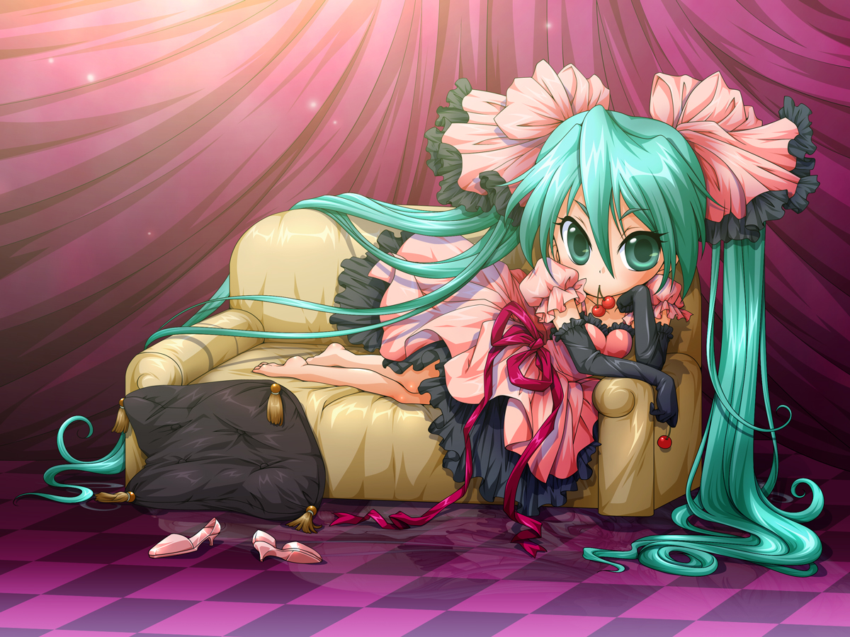 maico, maico (laserspark), hatsune miku, vocaloid, world is mine (vocaloid), aqua eyes, aqua hair, barefoot, cherry, chibi, couch, dress, elbow gloves, food, frills, fruit, gloves, hair ribbon, high heels, long hair, lying, on side, pillow, ribbon, shoes, solo, twintails, very long hair