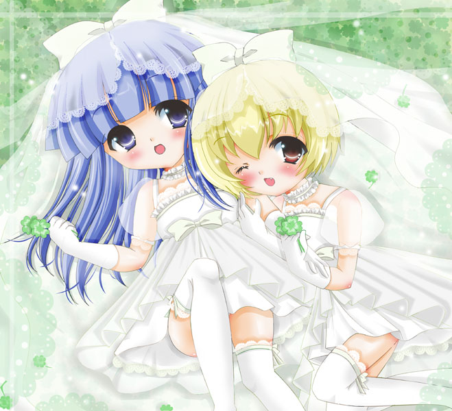 satoru, satoru (hanayoru), furude rika, houjou satoko, higurashi no naku koro ni, 00s, 2girls, blonde hair, blue hair, blush, bow, bridal veil, bride, child, choker, clover, dress, elbow gloves, fang, four-leaf clover, gloves, hair bow, multiple girls, one eye closed, purple eyes, red eyes, thighhighs, veil, wedding dress, wink