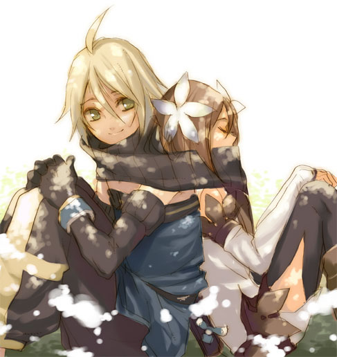 emil castagnier, marta lualdi, tales of (series), tales of symphonia, tales of symphonia: dawn of the new world, 00s, 1boy, 1girl, blonde hair, brown hair, couple, flower, gloves, green eyes, hetero, scarf, sleeping, smile
