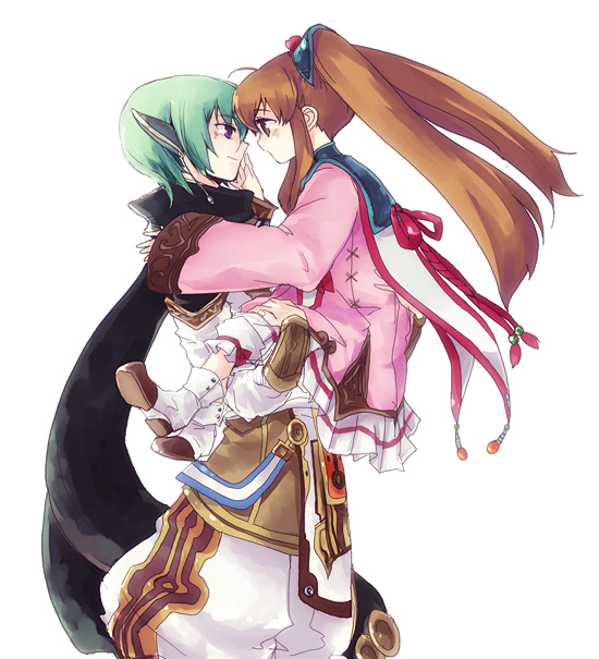 faize scheifa beleth, lymle lemuri phi, star ocean, star ocean: the last hope, 1boy, 1girl, bishounen, brown hair, carrying, couple, ear covers, earrings, green hair, hetero, jewelry, long hair, purple eyes, scarf, smile, twintails