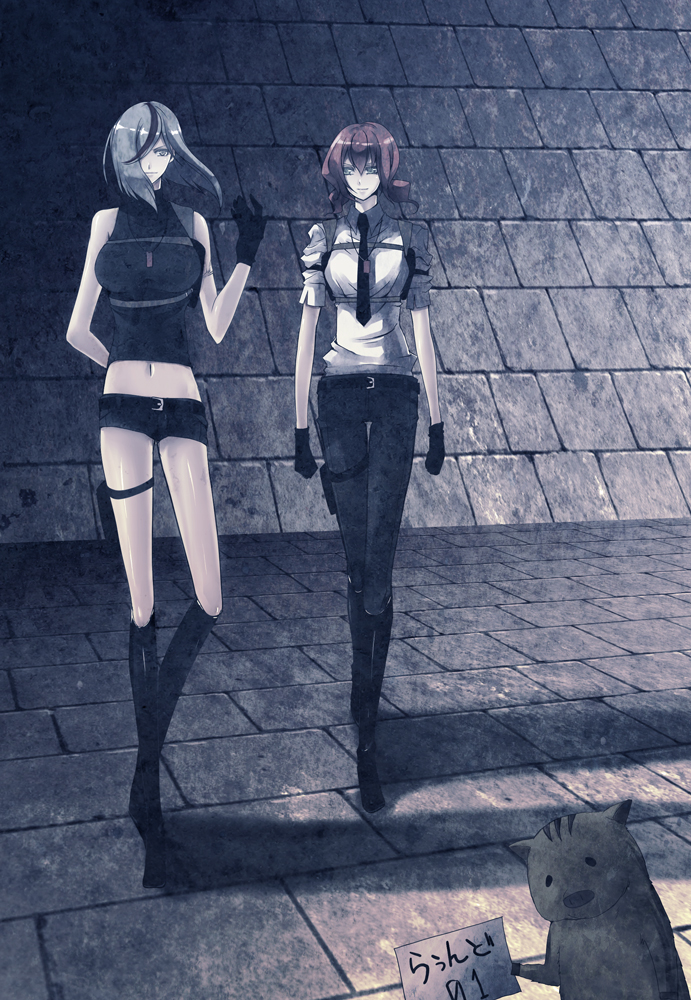 nicole pmonachi, pixiv, pixiv army, bad id, bad pixiv id, bare shoulders, boots, dog tags, gloves, long hair, navel, necktie, red hair, white hair