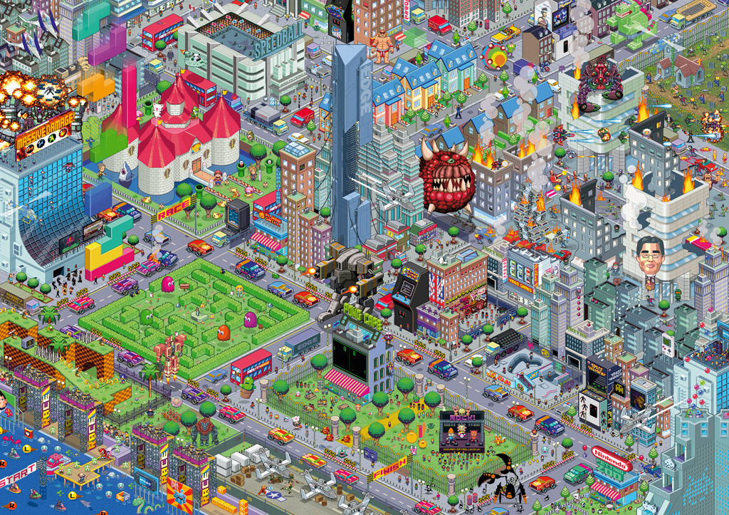 gary lucken, syndicate, balflear, balrog (street fighter), blinky (pac-man), cacodemon, chun-li, cloud strife, clyde, clyde (pac-man), darwin, ecco the dolphin, goomba, guile, inky (pac-man), ken masters, lara croft, link, mario, master chief, mega man (character), moogle, ness (mother 2), pac-man, pinky (pac-man), prinny, rabite (seiken densetsu), ryu (street fighter), ryuta kawashima, snoopy, sonic the hedgehog, sub-zero, the prince, white bomberman, yoshi, advance wars, animal crossing, battletech, bomberman, brain age, bubble bobble, capcom, crazy taxi, disgaea, doom (series), final fantasy, final fantasy vii, front mission, gunstar heroes, half-life, half-life (series), half-life 2, halo (game), halo (series), katamari damacy, legend of mana, lemmings, makaimura, mario (series), mega man (classic), mega man (series), mother (series), mother 2, mr. driller, namco, nes, nintendo, overman king gainer, pac-man (game), parappa the rapper, patapon, pong, puyo pop, rareware, saru getchu, sega, seiken densetsu, seiken densetsu 2, sonic (series), space invaders, star fox, street fighter, super mario bros. 1, super monkey ball, syndicate (game), tecmo, tetris, the legend of zelda, the sims, tomb raider, viewtiful joe, viva pinata, annotation request, 00s, 1990s (style), arcade, beagle, bread, bread slice, castle, child, city, cloud, crossover, cucuo, darwinia, day, famicom, food, game boy, game boy (original), game console, grimm fandango, handheld game console, isometric, multiple crossover, outdoors, pixel art, playstation portable, princess peach's castle, retro artstyle, toast, video game, wave race