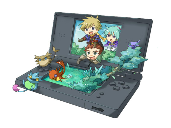 camelot, tsuyu (hitotose), karis (golden sun), matthew (golden sun), tyrell (golden sun), golden sun, golden sun: dark dawn, nintendo, bad id, bad pixiv id, 1girl, 2boys, genie, handheld game console, multiple boys, nature, nintendo ds, through medium, through screen