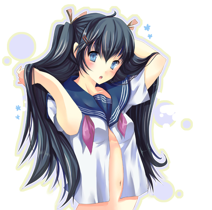 hazakura matsuri, s haz m, original, 1girl, adjusting hair, black hair, blue eyes, blush, female focus, hair ornament, hair ribbon, hairclip, long hair, navel, no bra, ribbon, school uniform, serafuku, solo, twintails, unbuttoned