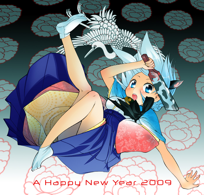 usamirui, original, 00s, 1girl, 2009, animal ears, bird, blue eyes, blue hair, blue hakama, chinese zodiac, cow ears, cow girl, female focus, hagoita, hakama, hakama skirt, happy new year, holding, japanese clothes, kimono, leg up, matching hair/eyes, new year, open mouth, paddle, short hair, skirt, socks, solo, tabi, white socks, year of the ox