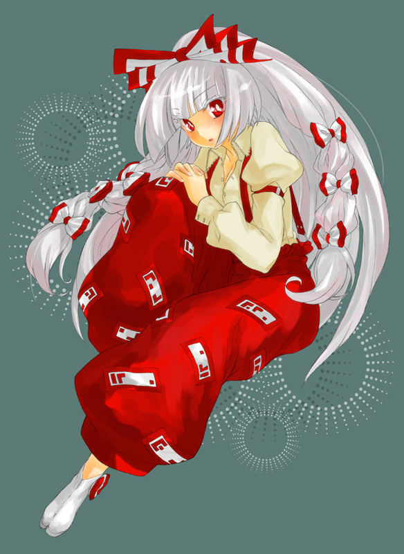 usamirui, fujiwara no mokou, touhou, silver hair, 1girl, bow, female focus, full body, hair ribbon, long hair, pants, red eyes, ribbon, solo, suspenders, tabi