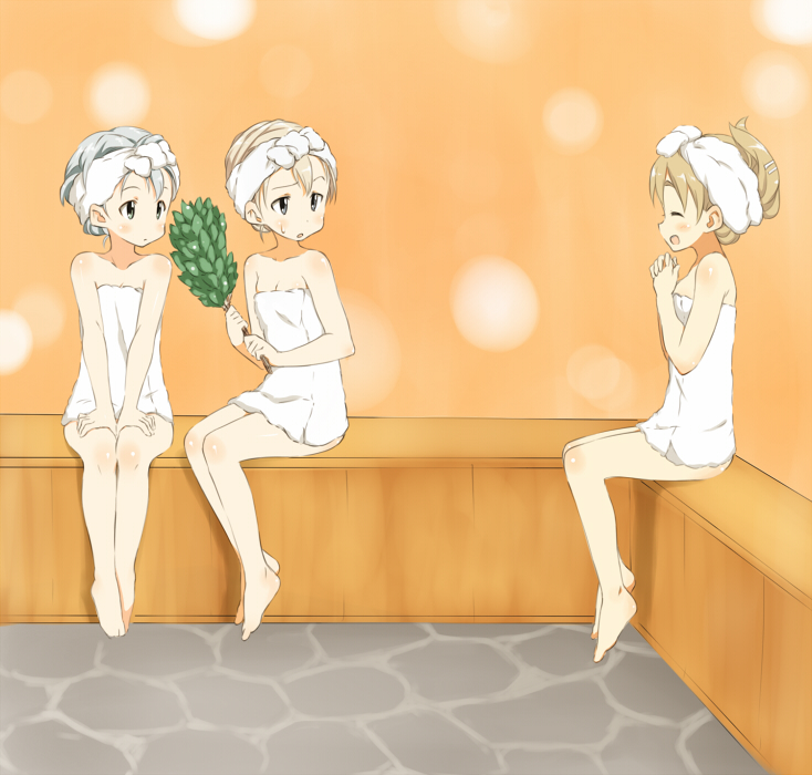 hamao, eila ilmatar juutilainen, kotobuki tsumugi, sanya v. litvyak, k-on!, strike witches, world witches series, eyebrows, 00s, 3girls, bare legs, bare shoulders, barefoot, blonde hair, blush, body blush, brown hair, closed eyes, crossover, feet, grey hair, hair ornament, hair up, hairclip, multiple girls, naked towel, plantar flexion, sauna, steam, sweatdrop, towel