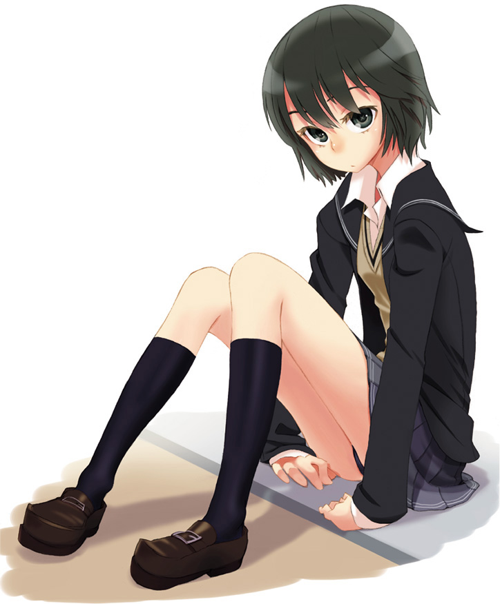 yoshida on, nanasaki ai, amagami, kneehighs, school uniform, shoes, short hair, sitting, skirt, socks, solo