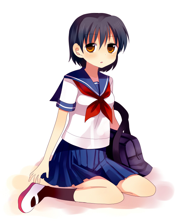 subaru (yachika), original, 1girl, bag, black hair, black socks, blush, female focus, full body, handbag, kneehighs, looking at viewer, red ribbon, ribbon, school bag, school uniform, serafuku, shirt, shoes, short hair, short sleeves, simple background, socks, solo, uwabaki, white background, white shirt