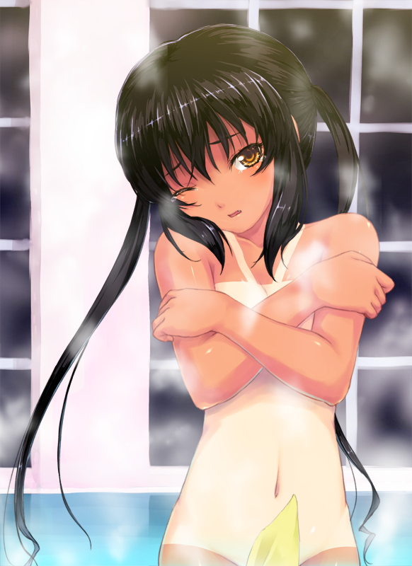 398 (pixiv), 398 (ththei), nakano azusa, k-on!, breast hold, bad id, bad pixiv id, 00s, 1girl, bath, black hair, blush, breasts, censored, convenient censoring, covering breasts, covering privates, female focus, hair between eyes, loli, long hair, looking at viewer, navel, one-piece tan, one eye closed, solo, tan, tanline, twintails, upper body, wink, yellow eyes