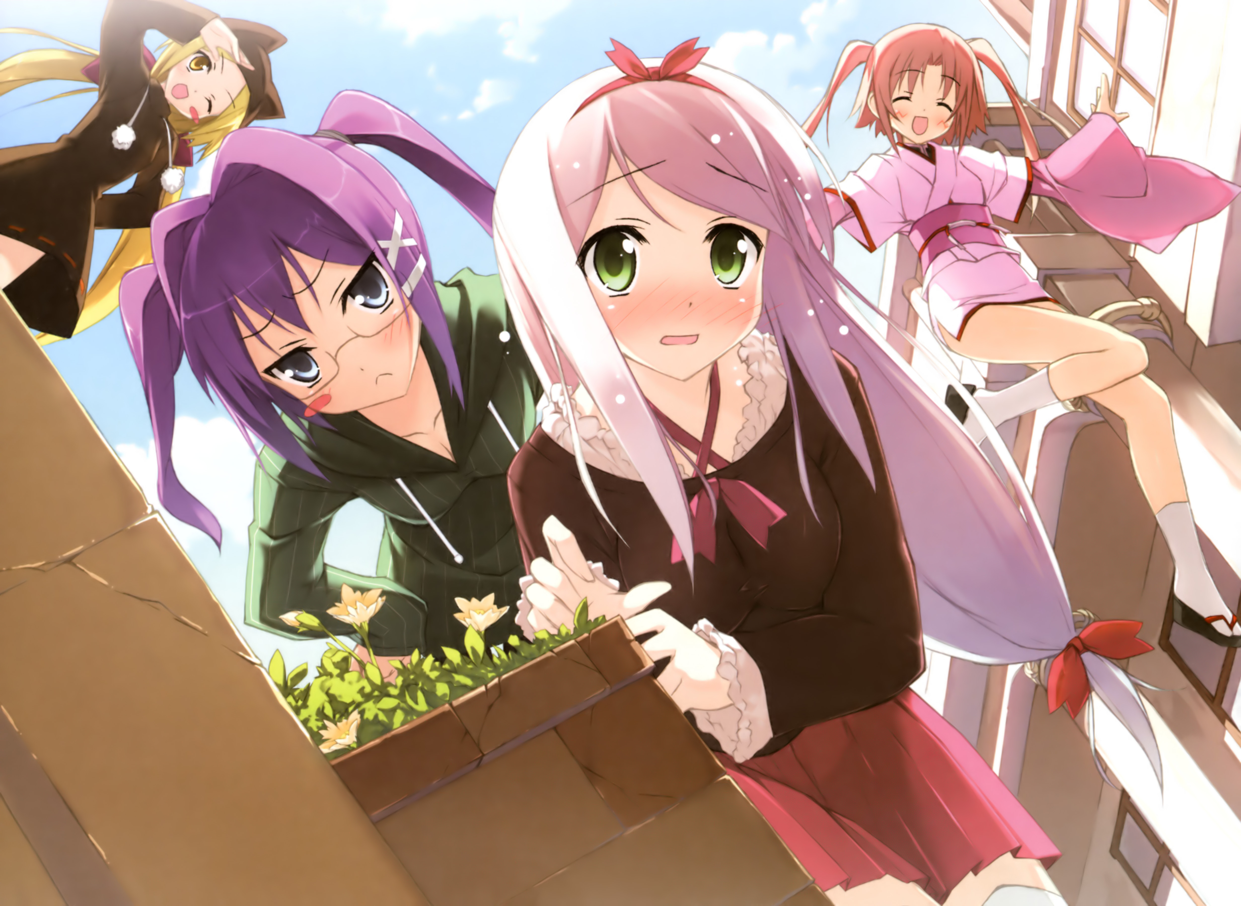 kantoku, keenedual na hermesion, kugiri cornelia, misseldollied, sasao mazel, shinkyoku soukai polyphonica, shinkyoku soukai polyphonica aphonic songbird, white legwear, absurdres, highres, official art, scan, 00s, 4girls, :<, :d, :o, ;d, ^ ^, animal hat, annoyed, arm behind back, arm up, blonde hair, blue eyes, blush, blush stickers, breasts, building, casual, cat hat, cleavage, closed eyes, dress, dutch angle, embarrassed, flat chest, flower, frills, from below, glasses, green eyes, hair intakes, hair ornament, hair ribbon, hairband, hairclip, halterneck, hands on own hips, happy, hat, hood, hoodie, japanese clothes, jumping, kimono, leaning forward, leg lift, legs, long hair, long sleeves, looking at viewer, medium breasts, miniskirt, multiple girls, obi, one eye closed, open mouth, orange hair, outstretched arms, parted bangs, pink hair, pleated skirt, ponytail, purple hair, ribbon, salute, sandals, sash, scrunchie, shirt, short dress, short kimono, short twintails, side slit, sidelocks, skirt, small breasts, smile, socks, standing, swept bangs, tabi, thighhighs, twintails, very long hair, white hair, wide sleeves, wink, yellow eyes, zettai ryouiki