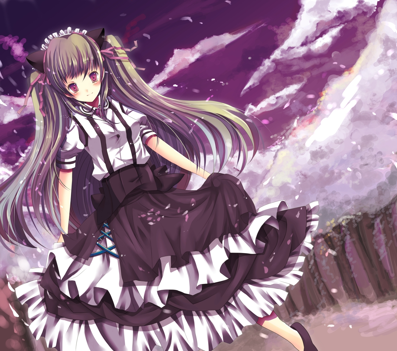 hazakura matsuri, s haz m, original, 1girl, animal ears, blush, brown hair, cherry blossoms, female focus, hair ribbon, hairband, long hair, petals, purple eyes, ribbon, solo