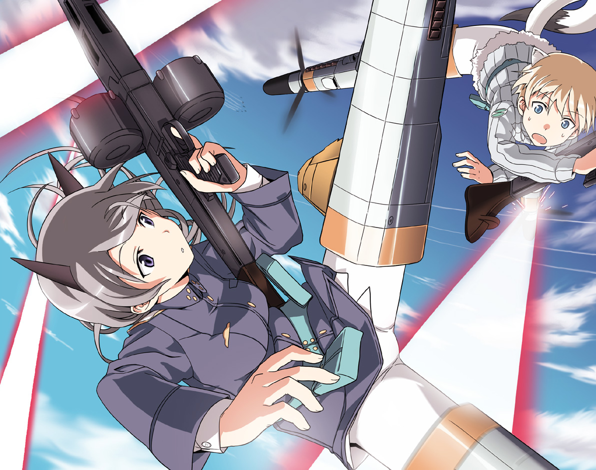 ningen (ningen96), eila ilmatar juutilainen, nikka edvardine katajainen, brave witches, strike witches, world witches series, bad id, bad pixiv id, 00s, 10s, 2girls, animal ears, blue eyes, double-drum magazine, drum magazine, ermine ears, flying, gun, high-capacity magazine, machine gun, magazine (weapon), mg42, multiple girls, pantyhose, saddle-drum, short hair, striker unit, tail, weapon, weasel ears, white pantyhose