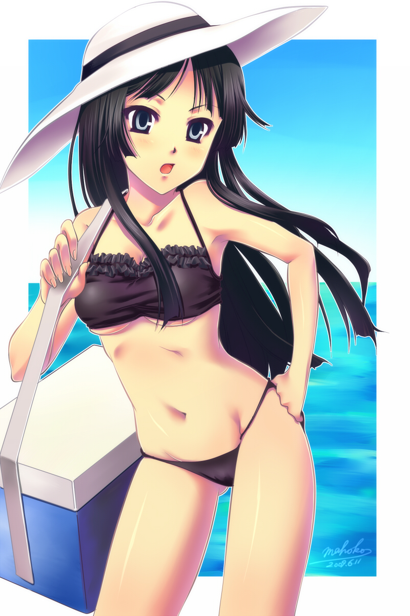 kurahashi mahoko, mahoko, akiyama mio, k-on!, highres, 00s, 1girl, bikini, black bikini, black eyes, black hair, breasts, cooler, female focus, hat, long hair, signature, solo, sun hat, swimsuit, underboob