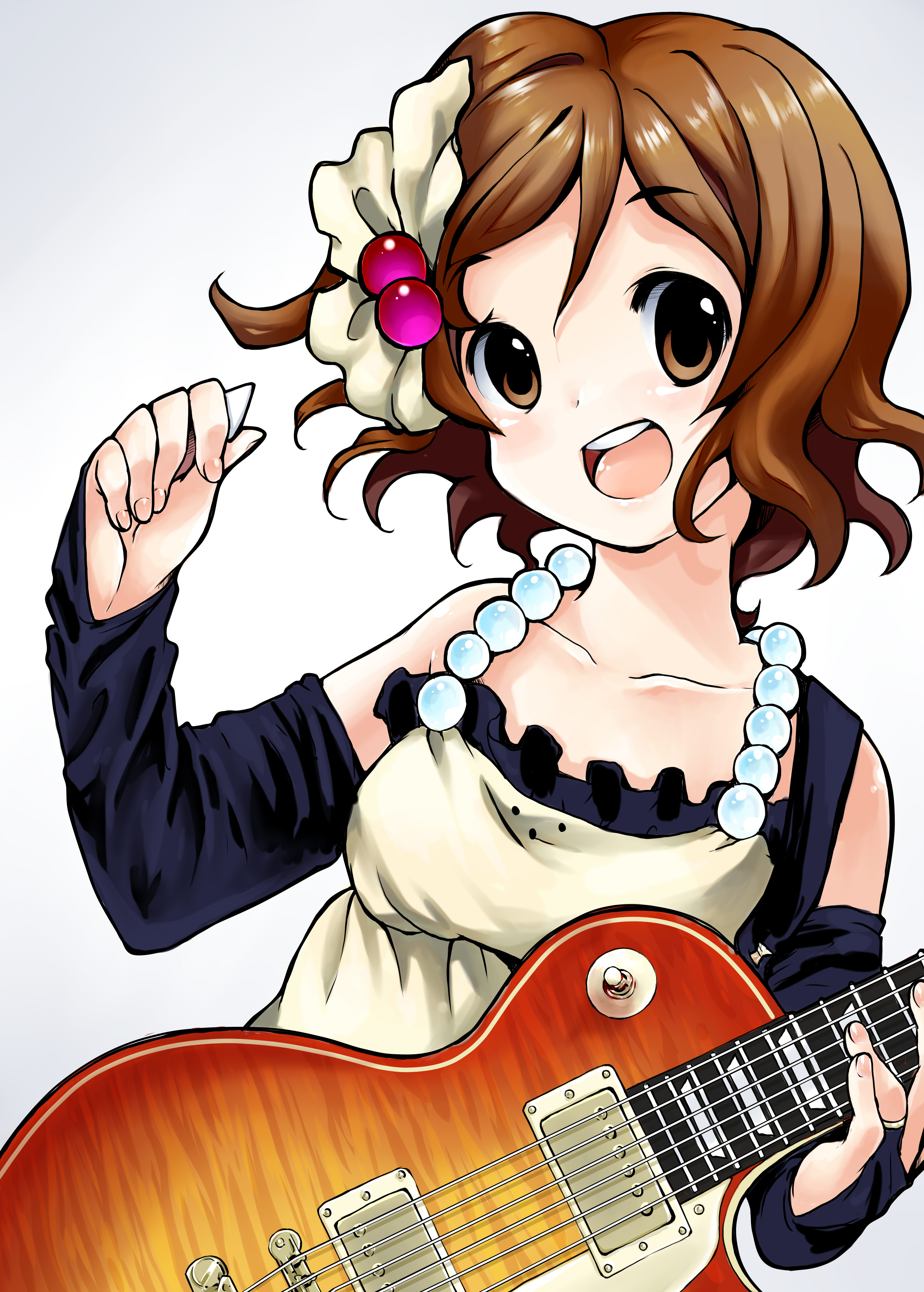 mosho, hirasawa yui, don't say "lazy", k-on!, absurdres, highres, 00s, 1girl, brown eyes, brown hair, detached sleeves, dress, female focus, fingerless gloves, gloves, guitar, instrument, plectrum, short hair, simple background, solo, white background