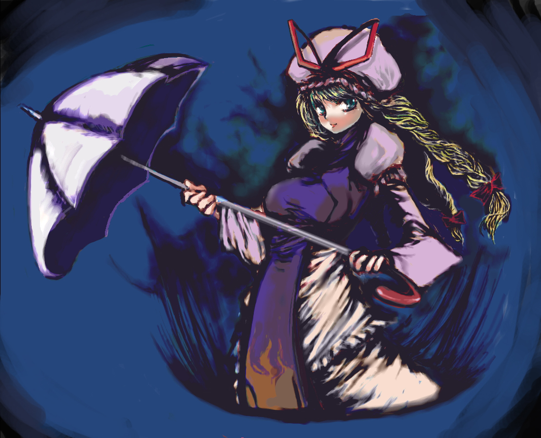 atoshi, yakumo yukari, touhou, bad id, bad pixiv id, 1girl, blonde hair, breasts, dress, female focus, hair ribbon, hat, parasol, ribbon, solo, umbrella
