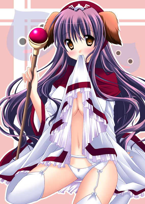 hinapo, princess of moonbrook, slime (dragon quest), chunsoft, dragon quest, dragon quest ii, enix, 1980s (style), duplicate, 1girl, animal ears, blush, breasts, brown eyes, clothes lift, dress, dress lift, female focus, garter belt, holding, holding staff, hood, lingerie, long hair, monster, navel, no bra, oldschool, panties, purple hair, solo, staff, thighhighs, underwear