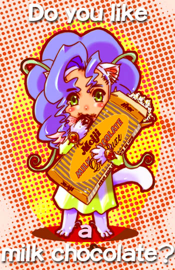 felicia (darkstalkers), capcom, darkstalkers, 1girl, animal ears, animal hands, big hair, blush, cat ears, cat tail, chibi, chocolate, female focus, green eyes, long hair, purple hair, solo, tail