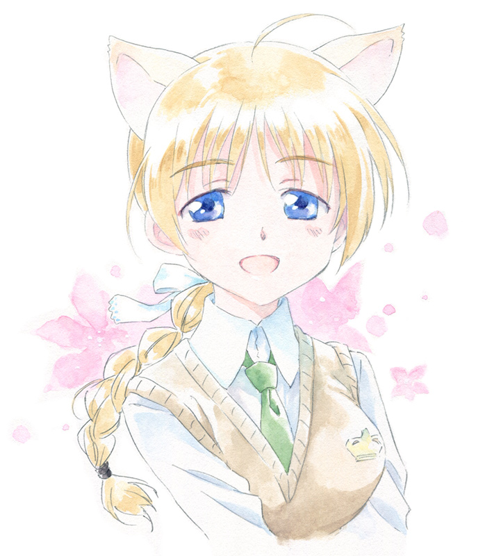 agahari, lynette bishop, strike witches, world witches series, traditional media, 00s, 1girl, animal ears, blue eyes, braid, breasts, brown hair, cat ears, female focus, large breasts, long hair, necktie, open mouth, single braid, solo