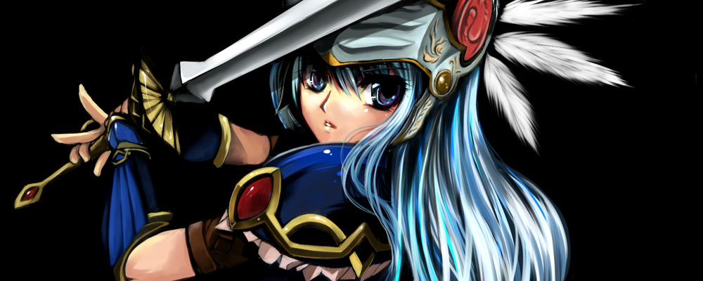 atoshi, lenneth valkyrie, valkyrie profile (series), bad id, bad pixiv id, 1girl, armor, black background, blue armor, blue eyes, blue hair, female focus, helmet, matching hair/eyes, solo, sword, weapon