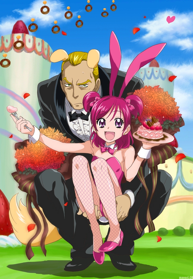 maeashi, bunbee, bunbee (yes! precure 5), yumehara nozomi, precure, yes! precure 5, 00s, 1boy, 1girl, :d, age difference, animal ears, ass, bouquet, butler, cake, carrying, dog ears, dog tail, eyelashes, fake animal ears, fishnet pantyhose, fishnets, flower, food, fork, groping, height difference, hetero, legs, open mouth, pantyhose, pastry, pink hair, playboy bunny, rabbit ears, red flower, red rose, rose, short hair, size difference, smile, tail, tuxedo, twintails, two side up