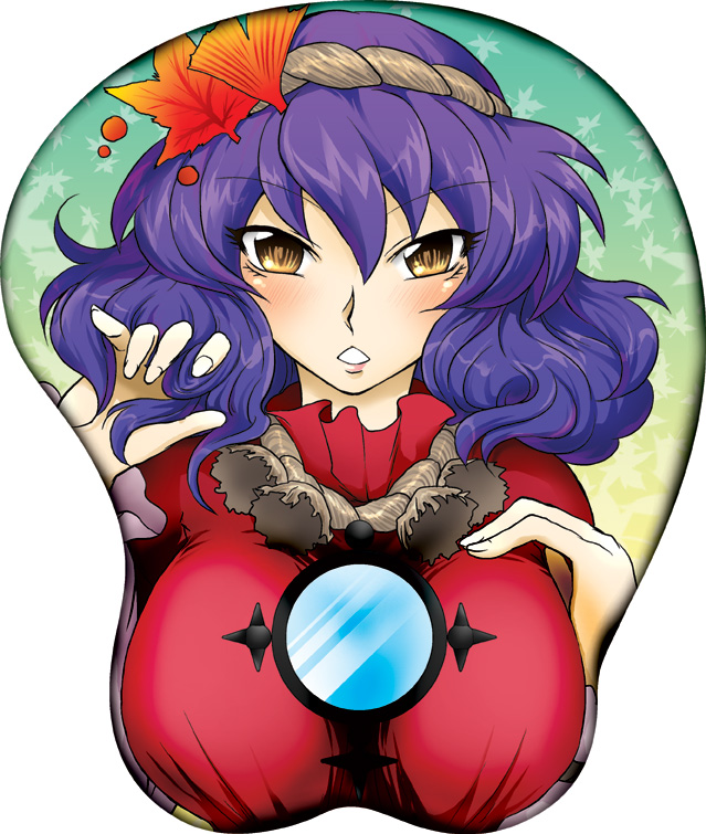 aku (dejigiga), yasaka kanako, touhou, 1girl, breast mousepad, female focus, hair ornament, hairband, leaf, leaf hair ornament, mirror, mousepad (medium), orange eyes, purple hair, short hair, solo