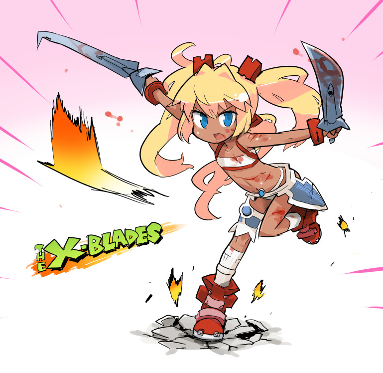 mizorogi shougo, ayumi (x-blades), x-blades, bad id, bad pixiv id, 1girl, blonde hair, blood, blue eyes, broken ground, dual wielding, female focus, holding, injury, open mouth, scratches, solo, standing, standing on one leg, sword, tri tails, weapon