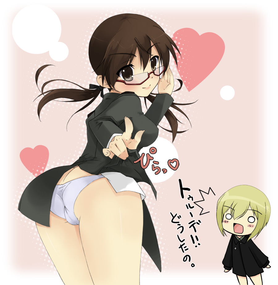 haru (matatabi sanjou), matatabi haru, erica hartmann, gertrud barkhorn, strike witches, world witches series, translated, 00s, 2girls, ass, blonde hair, brown eyes, brown hair, butt crack, glasses, heart, long hair, looking back, multiple girls, o o, panties, short hair, twintails, underwear, white panties