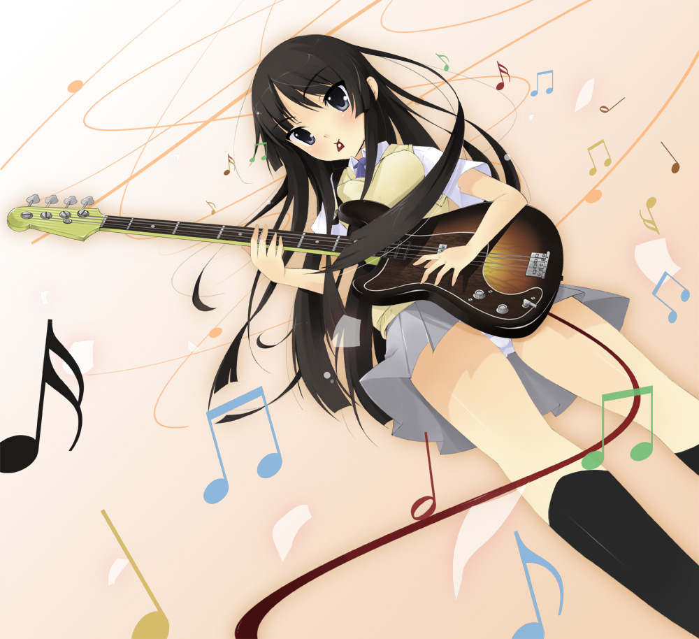 haru (matatabi sanjou), matatabi haru, akiyama mio, k-on!, 00s, 1girl, bass guitar, black hair, black socks, cable, female focus, grey eyes, guitar, instrument, kneehighs, long hair, mouth hold, musical note, panties, pantyshot, plectrum, school uniform, socks, solo, underwear, white panties